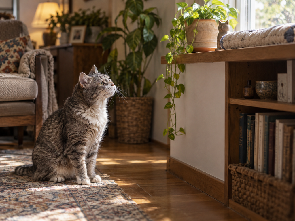 Gato mayor evitando saltar a una altura, posible señal de artrosis felina