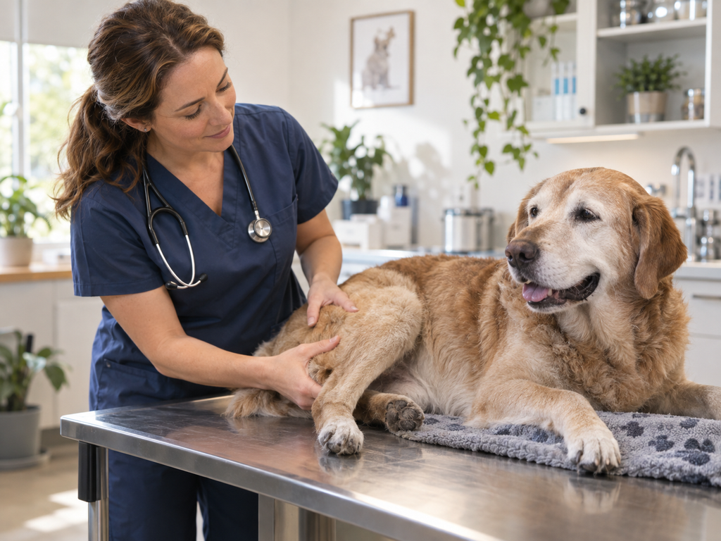 Veterinario revisando las articulaciones de una mascota mayor en consulta