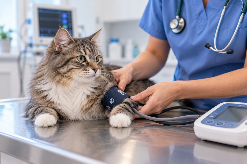 Veterinaria midiendo la presión arterial a un gato tranquilo en consulta